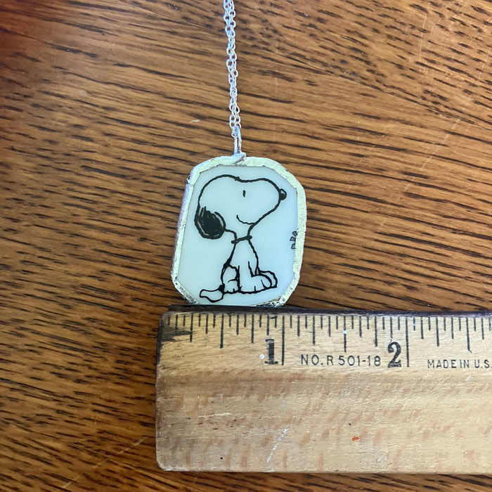 Snoopy Artisan Made Broken Plate Pendant Handcrafted Necklace 1 1/8in x 1 3/8in