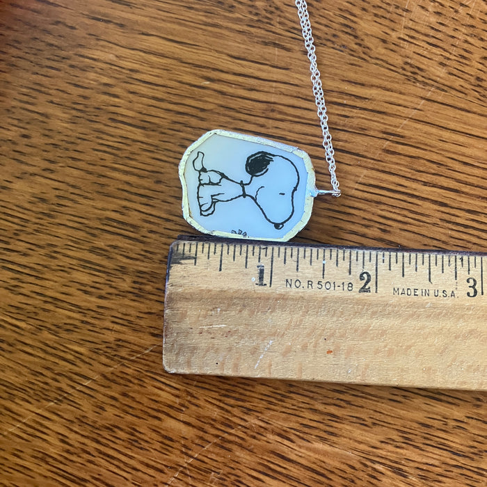 Snoopy Artisan Made Broken Plate Pendant Handcrafted Necklace 1 1/8in x 1 3/8in