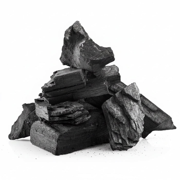 Pile of natural lumpwood charcoal for barbecue, black and textured, outdoor grill accessory