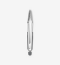 Stainless steel kitchen tongs with serrated tips and gray silicone grip ring