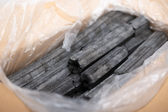 Close-up of black Binchotan charcoal pieces