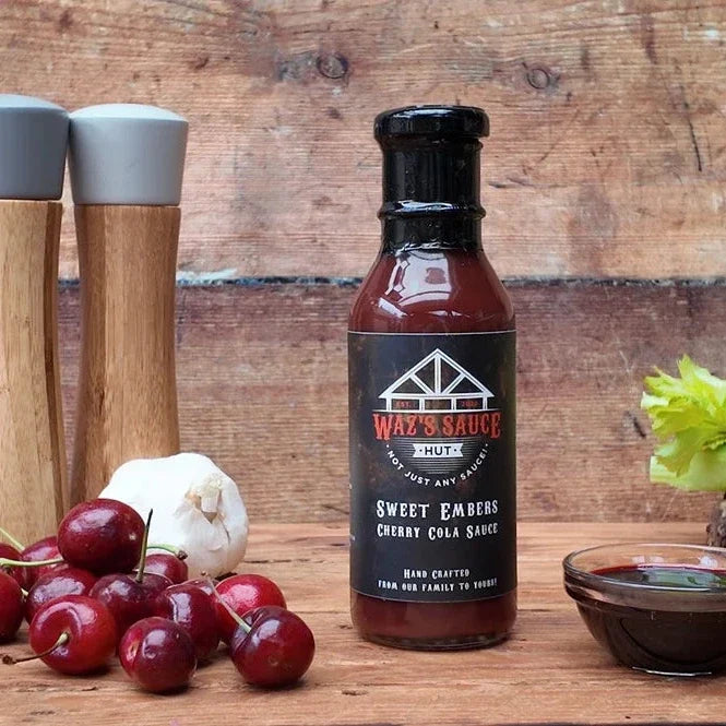 Cherry cola BBQ sauce bottle with cherries and garlic