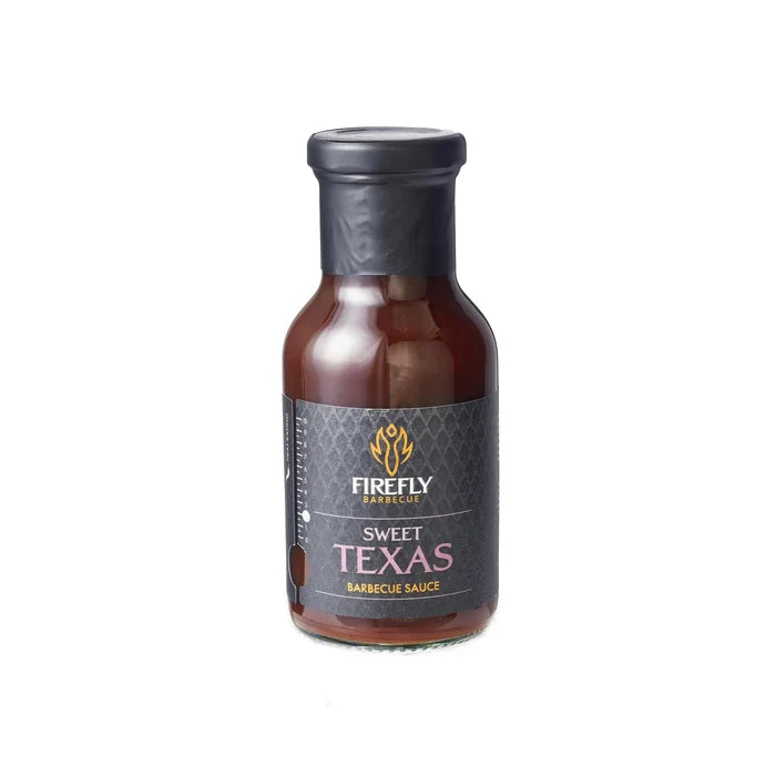Sweet Texas BBQ Sauce in 250ml glass bottle by Firefly Barbecue, ideal for grilling ribs, chicken, and seafood with a tangy-sweet Texas flavor.
