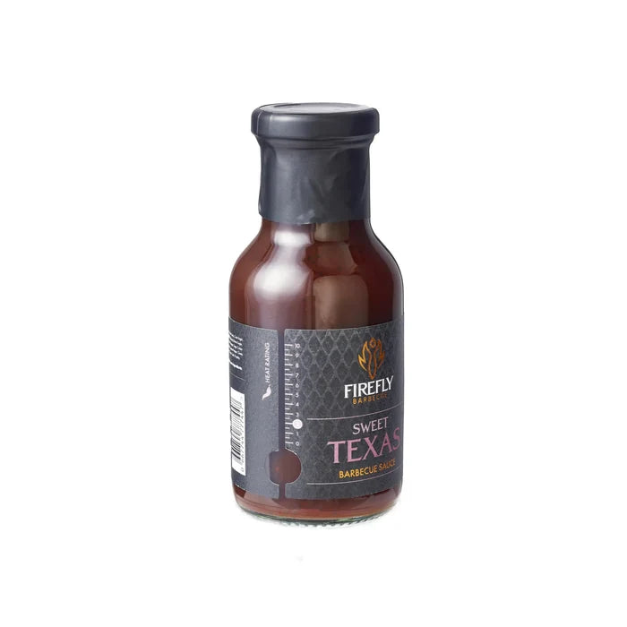 Angled view of Firefly Sweet Texas BBQ Sauce in 250ml bottle, crafted for grills with a bold, sweet apple BBQ taste and gluten-free ingredients.