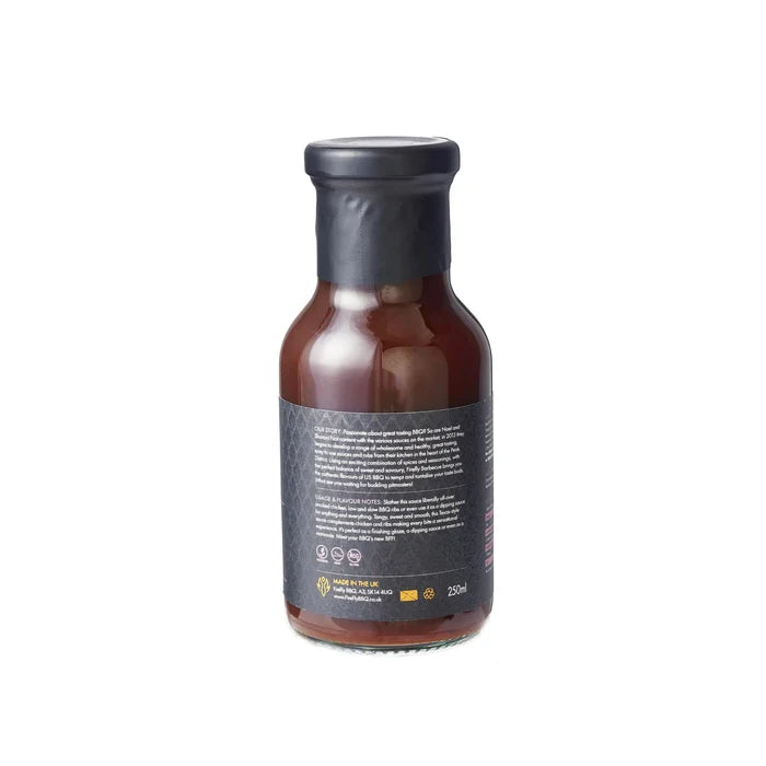 Back label of Sweet Texas BBQ Sauce 250ml bottle by Firefly Barbecue, showing product details and gluten-free certification for BBQ lovers.