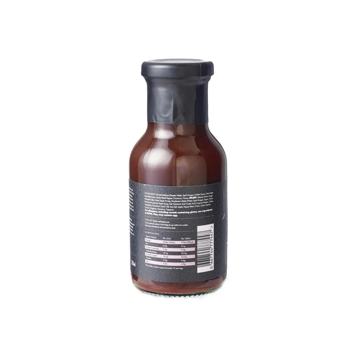 Nutritional information and barcode on Firefly Sweet Texas BBQ Sauce 250ml bottle, ideal for health-conscious grillers seeking bold Texas flavor.