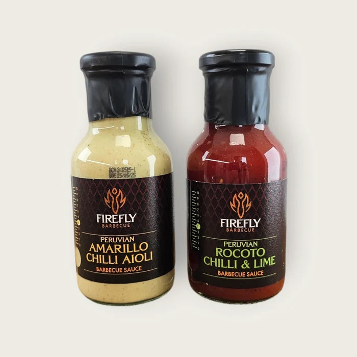 Taste of Peru: Peruvian Chilli Sauce Gift Set featuring Rocoto Chilli & Lime and Amarillo Chilli Aioli sauces in a premium gift box.
