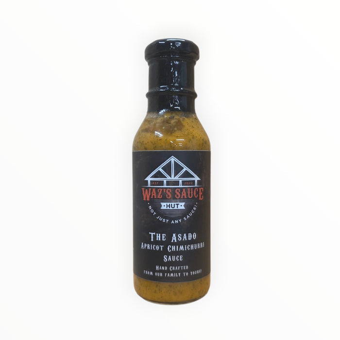 The Asado Apricot Chimichurri Sauce bottle with black label and black cap