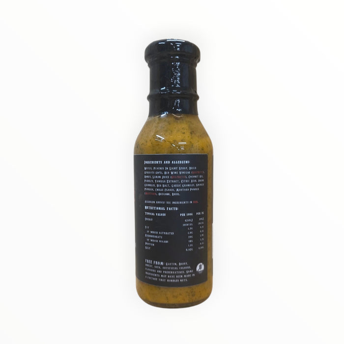 The Asado Apricot Chimichurri Sauce bottle with detailed label showing ingredients and nutrition facts