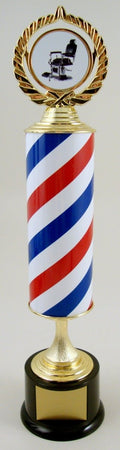 Barber shop style column trophy with salon chair logo on a laurel wreath holder, all on a black round base with gold engraving plate