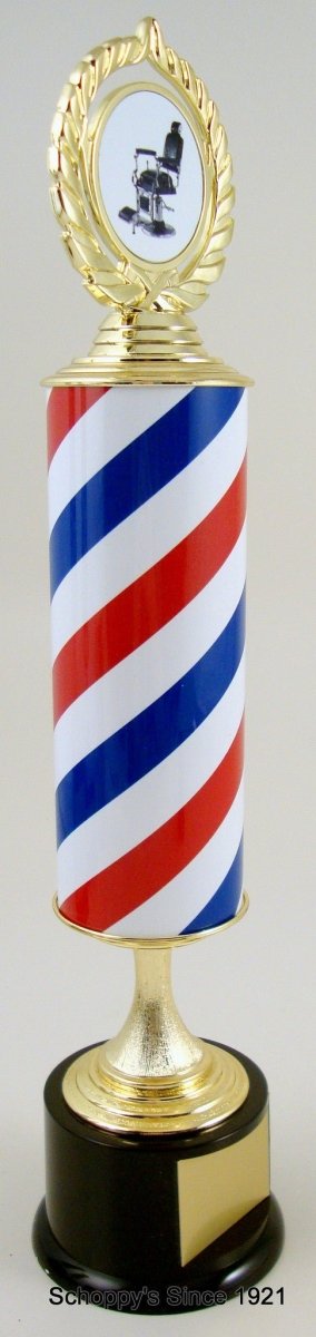 Barber shop style column trophy with salon chair logo on a laurel wreath holder, all on a black round base with gold engraving plate