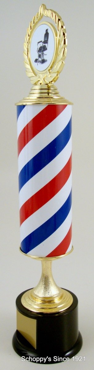 Barber shop style column trophy with salon chair logo on a laurel wreath holder, all on a black round base with gold engraving plate