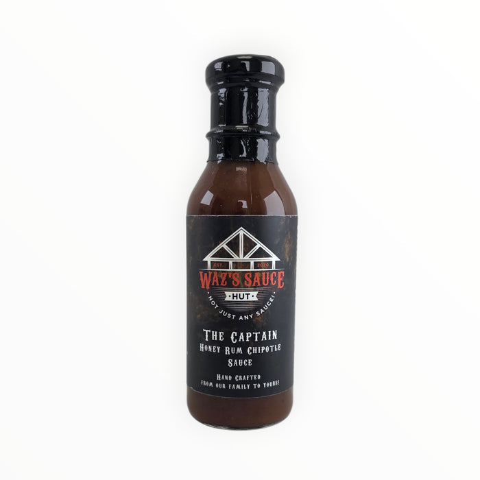 Black bottle of Waz's Sauce Honey Rum Chipotle BBQ