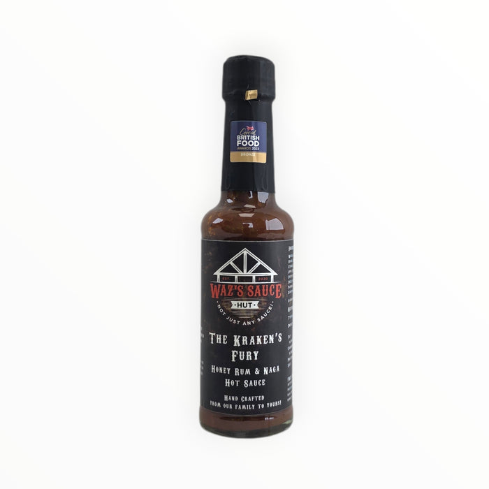 The Kraken’s Fury Honey Rum Naga Chilli Hot Sauce bottle with award badge