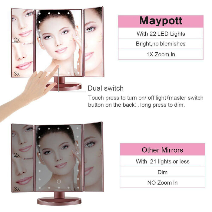 Tri-fold Vanity Makeup LED Mirror USB Touch Screen 10X Magnifing Mirror Tabletop