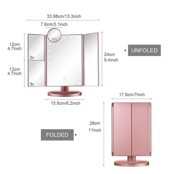 Tri-fold Vanity Makeup LED Mirror USB Touch Screen 10X Magnifing Mirror Tabletop