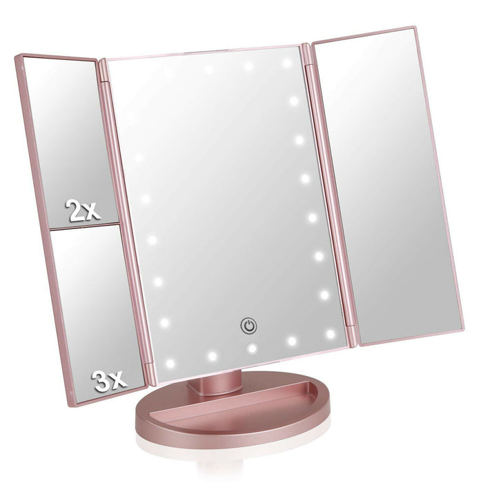 Tri-fold Vanity Makeup LED Mirror USB Touch Screen 10X Magnifing Mirror Tabletop
