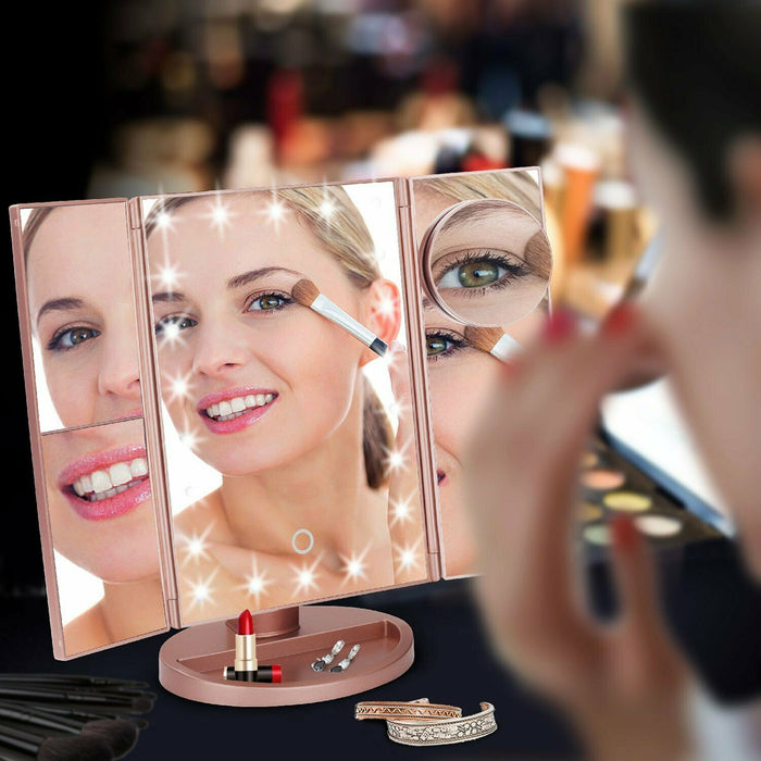 Tri-fold Vanity Makeup LED Mirror USB Touch Screen 10X Magnifing Mirror Tabletop