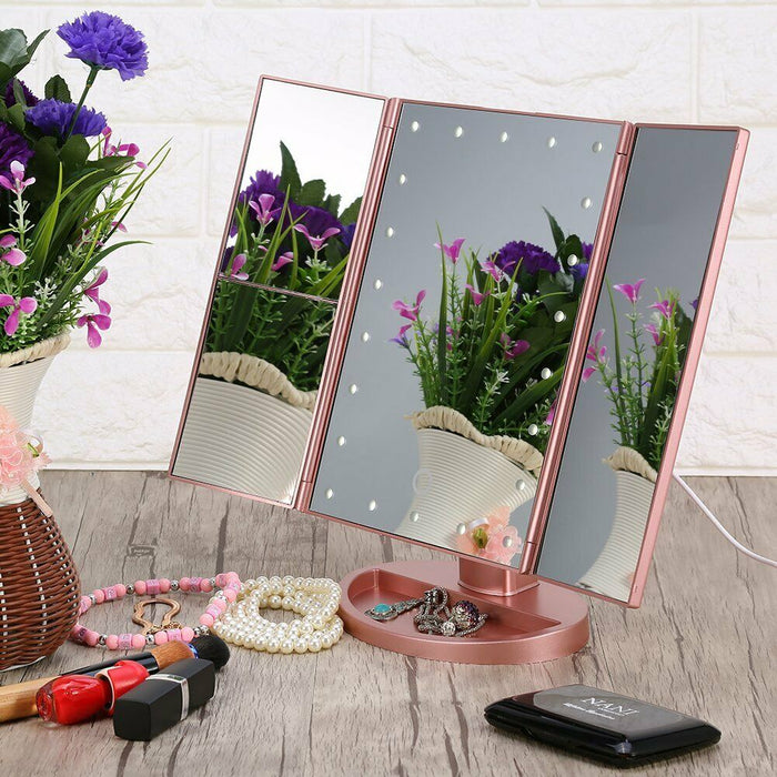 Tri-fold Vanity Makeup LED Mirror USB Touch Screen 10X Magnifing Mirror Tabletop