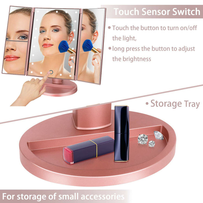Tri-fold Vanity Makeup LED Mirror USB Touch Screen 10X Magnifing Mirror Tabletop