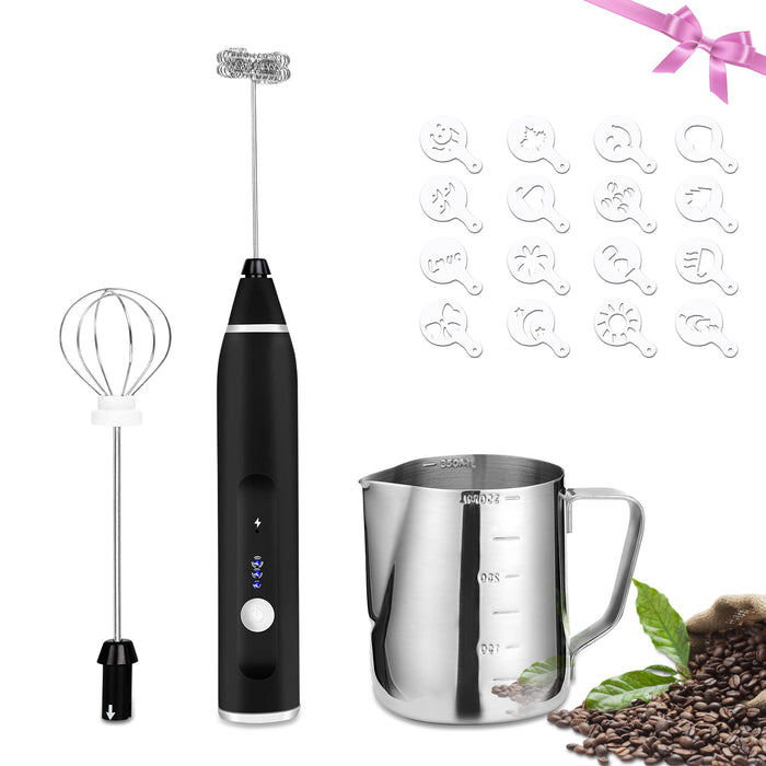 USB Electric Milk Coffee Frother Set 3 Speeds Foam Maker Blender 2 Whisks Heads
