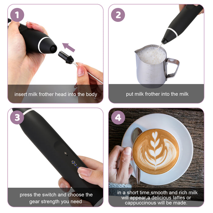 USB Electric Milk Coffee Frother Set 3 Speeds Foam Maker Blender 2 Whisks Heads