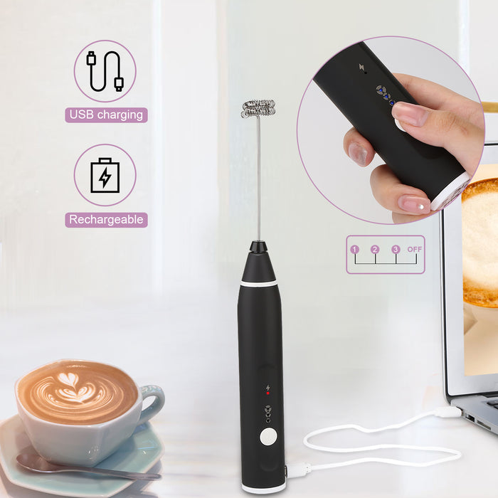 USB Electric Milk Coffee Frother Set 3 Speeds Foam Maker Blender 2 Whisks Heads