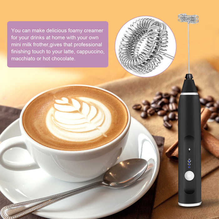 USB Electric Milk Coffee Frother Set 3 Speeds Foam Maker Blender 2 Whisks Heads