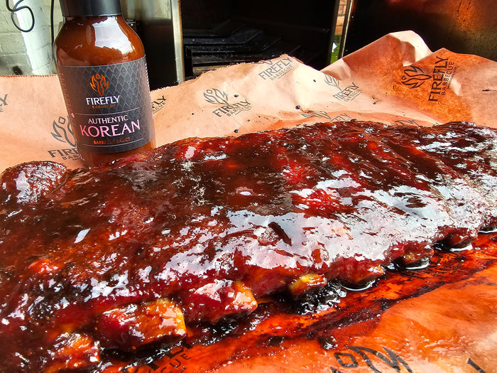 Barbecue ribs with sauce and Korean BBQ sauce
