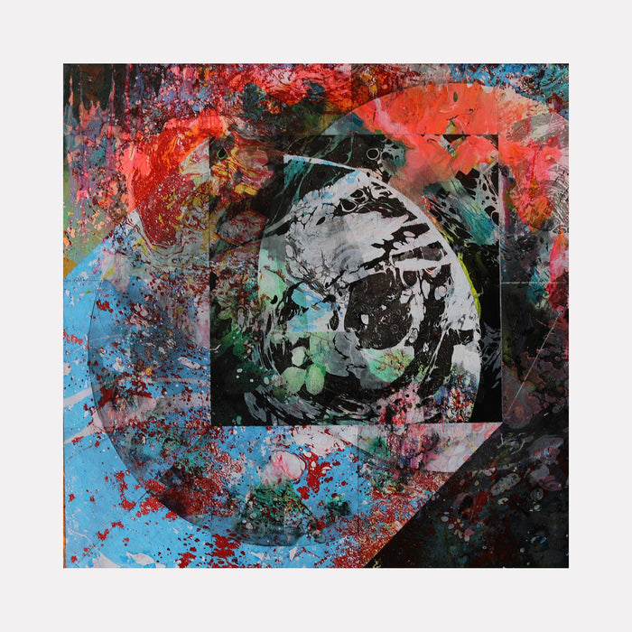 The artwork 'Vanishing Moon' by Millie Benson features a dynamic mixed media composition with a monochromatic moon shape emerging from an explosive blend of vibrant coral reds, turquoise blues, and deep blacks. Abstract paint splatters and textural elements created with gouache and spray paint surround the central lunar form, creating a cosmic, energetic atmosphere on canvas.