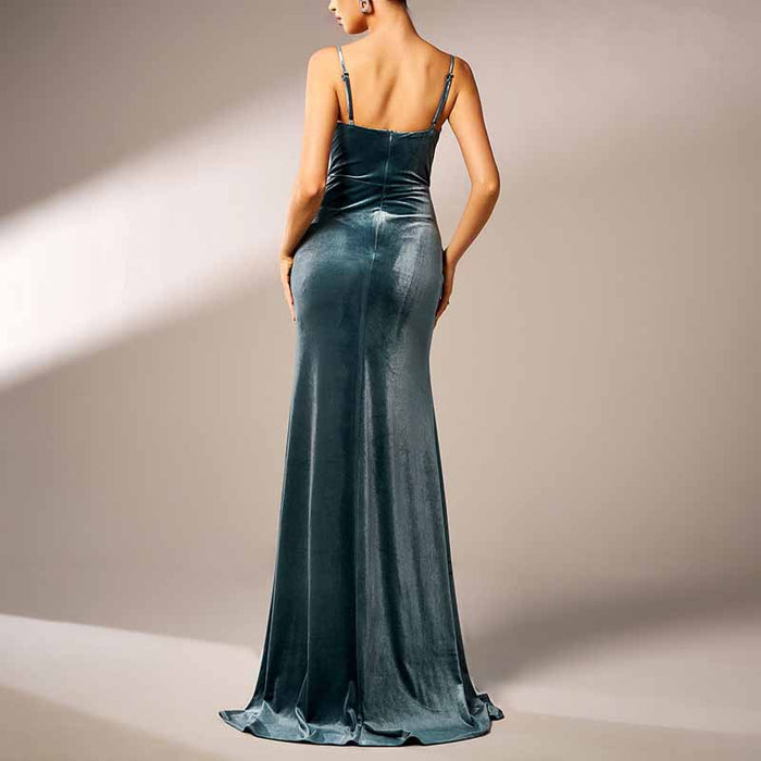Velvet Spaghetti Strap Prom Dress High Split Wrap Evening Gowns Maxi Dress
