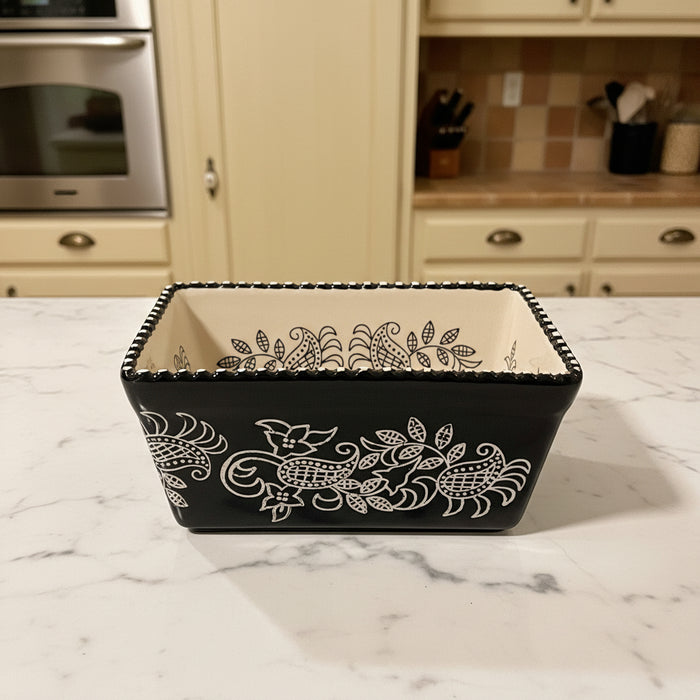 Vintage Baum Brothers Floral Mini Loaf Pan - Ivory & Black Stoneware