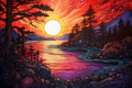 Watercolor Golden Sunset Over Lake
