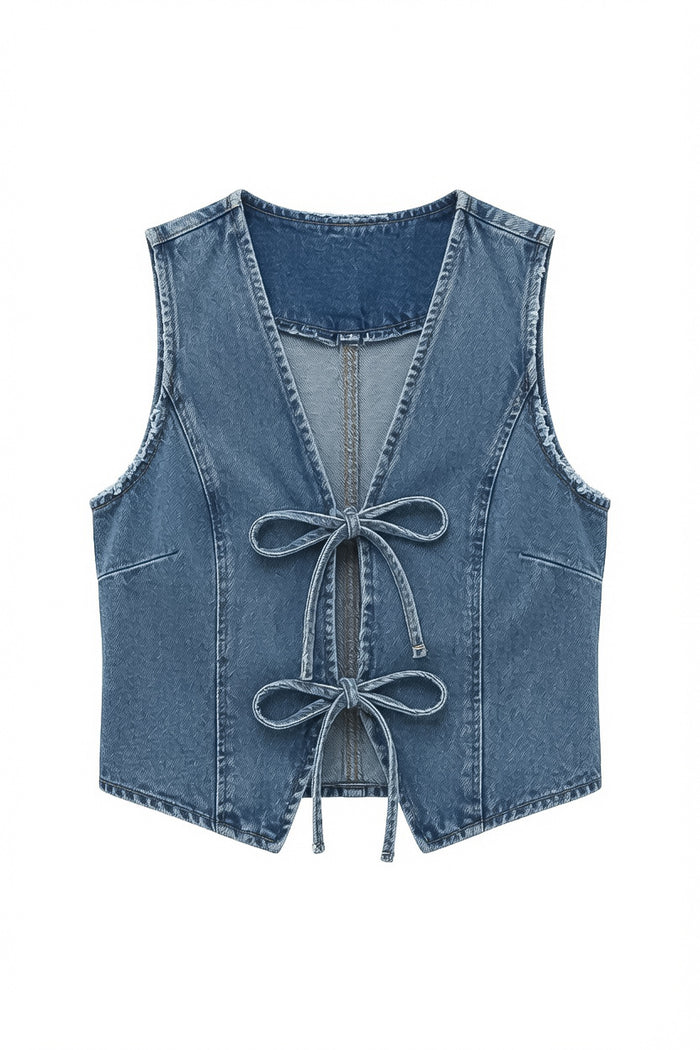 A sleeveless blue denim vest with a tie-front closure, shown flat against a plain white background.