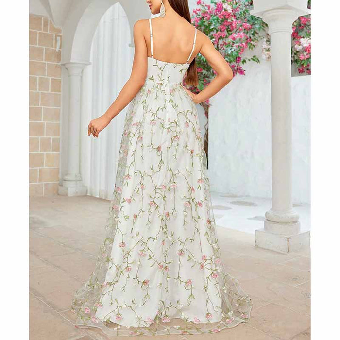 White Floral Bridesmaid Dress Spaghetti Strap Wedding Gown Homecoming Dress