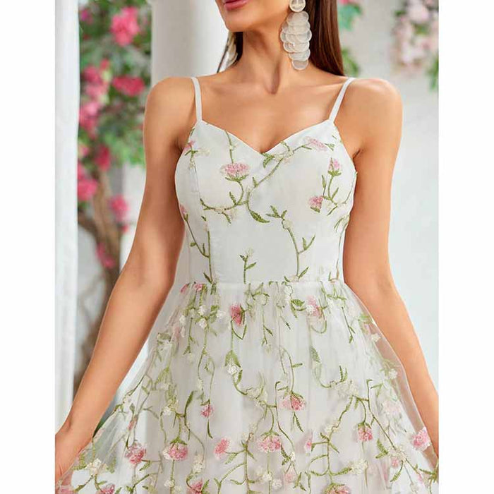 White Floral Bridesmaid Dress Spaghetti Strap Wedding Gown Homecoming Dress