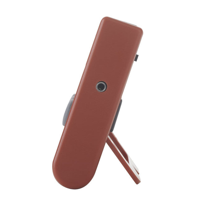 Side view of brown wired probe thermometer showing slim body and a round sensor port on the side