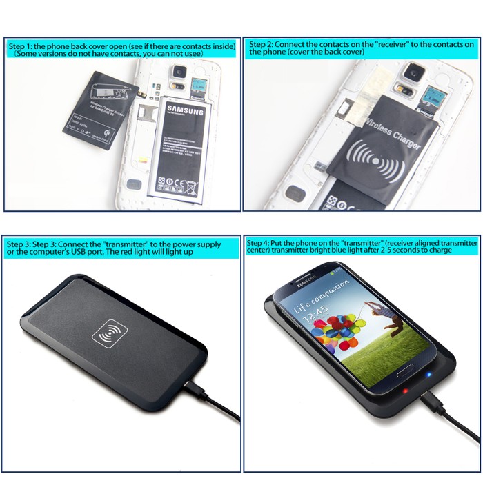Wireless Charger Charging Pad + Receiver Kit + Adapter For iPhone & Samsung