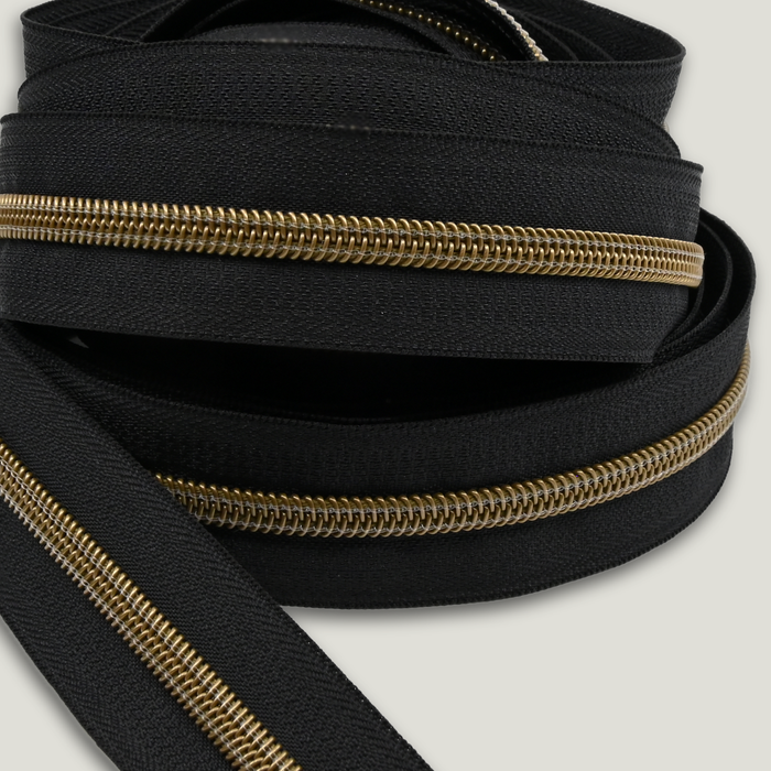 Zipper Tape || Antique Bronze Coil, Black Tape - Nylon #5 Continuous Cut