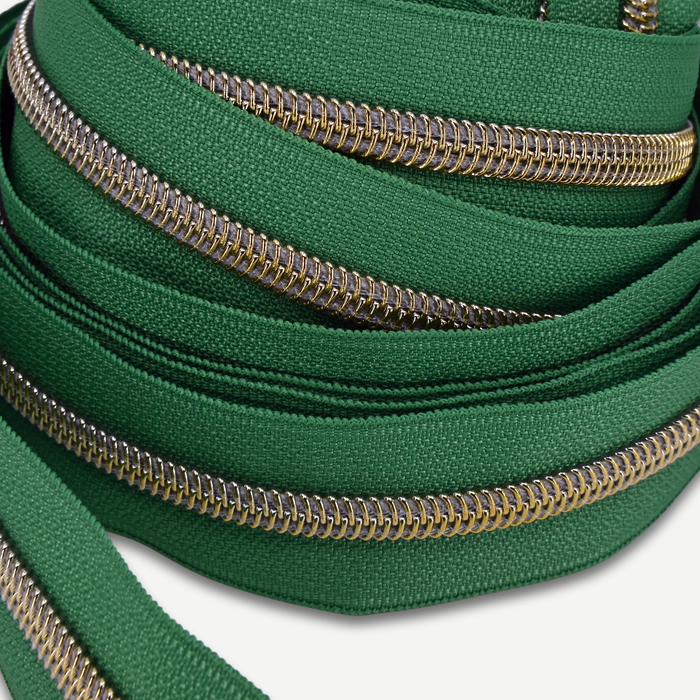 Zipper Tape || Gold Coil, Moss Green Tape - Nylon #5 Continuous Cut